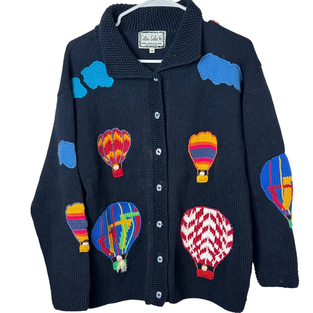 Cotton Salsa Cardigan Women XL Black‎ Hot Air Balloon Novelty Hand Loomed Peru